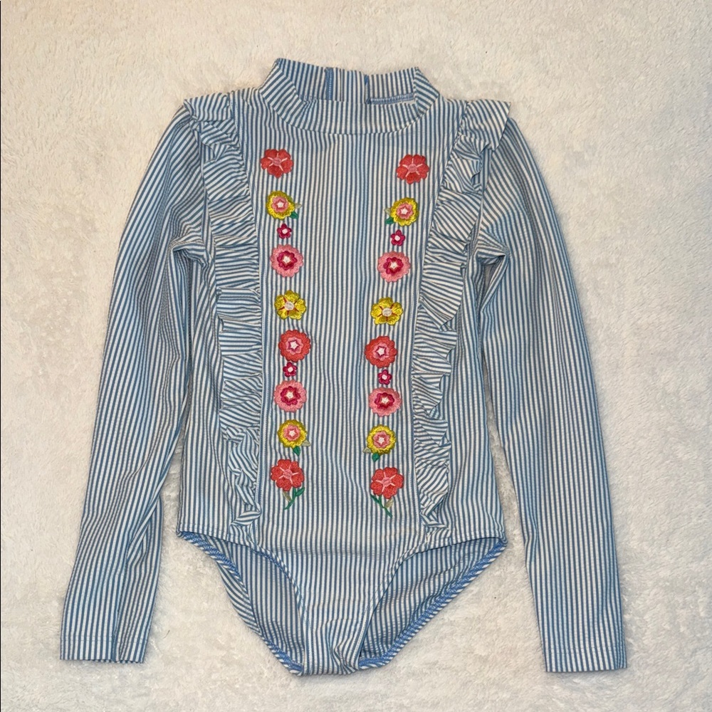 Mini Boden Blue Striped One Piece with Floral Embroidery EUC 7-8y
